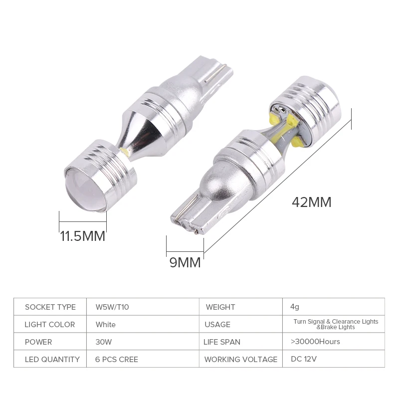 2Pcs T10 W5W LED High Bright 30W Car Clearance Light Bulbs Width signal lamps 6 CREE CSP Chips Lens Spotlight Erro Free Canbus | Автомобили