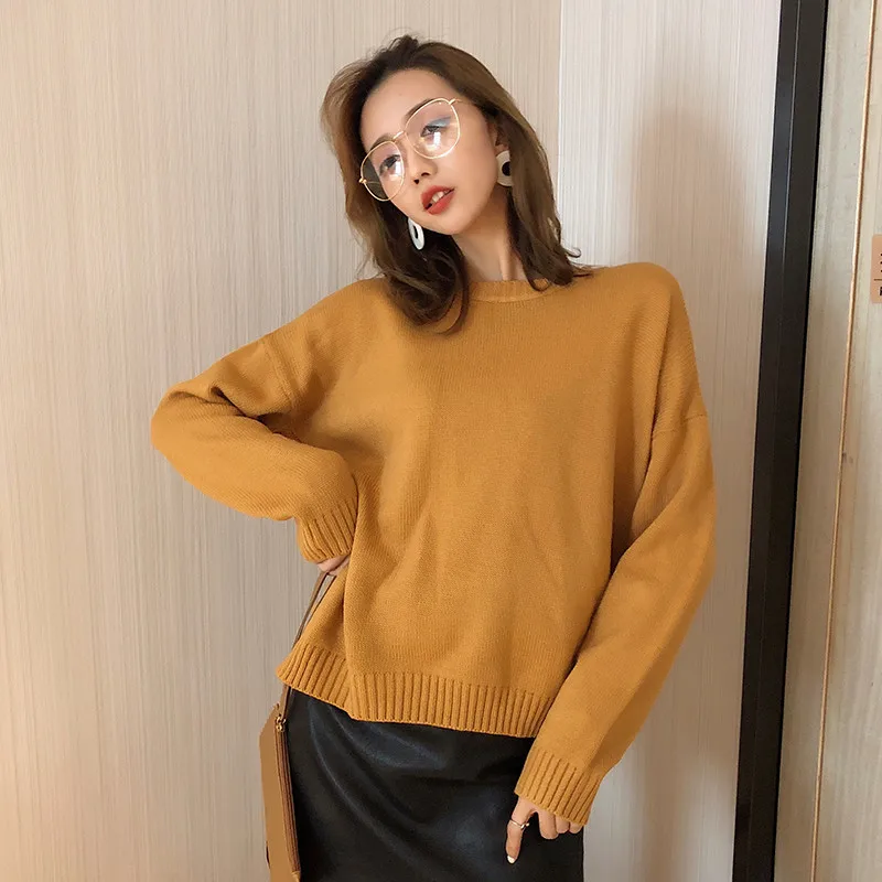 Однотонный свободный свитер с круглым вырезом новинка 2019 мягкий женский осенний