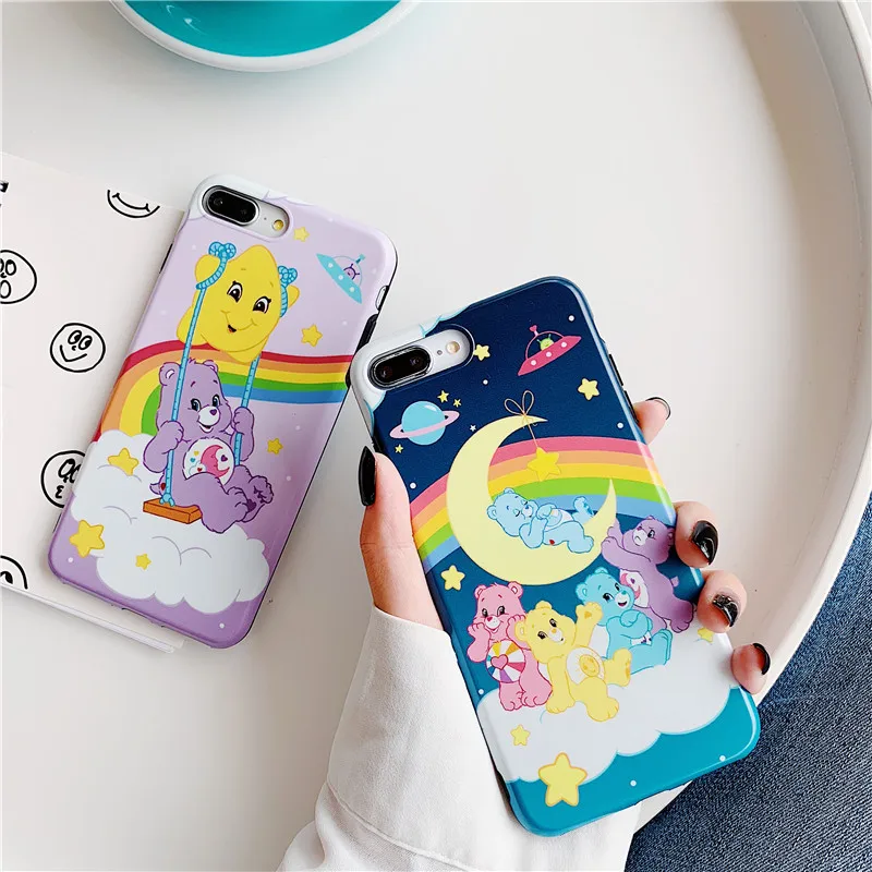 Cartoon ins Care Bears Phone Case For iPhone 6 6s 7 8 Plus X XS Max Xr cute rainbow bear Moon stars back cover Coque |