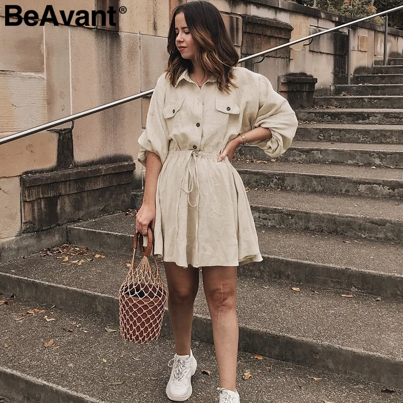 BeAvant элегантное льняное летнее Хлопковое платье, женское Короткое платье-рубашка с рукавами-фонариками, платье с высокой талией и пуговицами, повседневные офисные женские платья