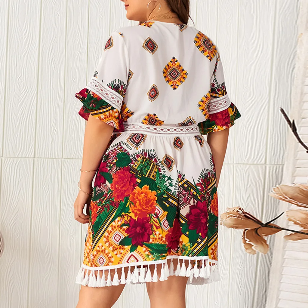 Plus Size Women Summer Dress Bohemian Floral Print Tassels Short Sleeve Dress Vintage Women V-Neck Beach Dresses roupas feminina