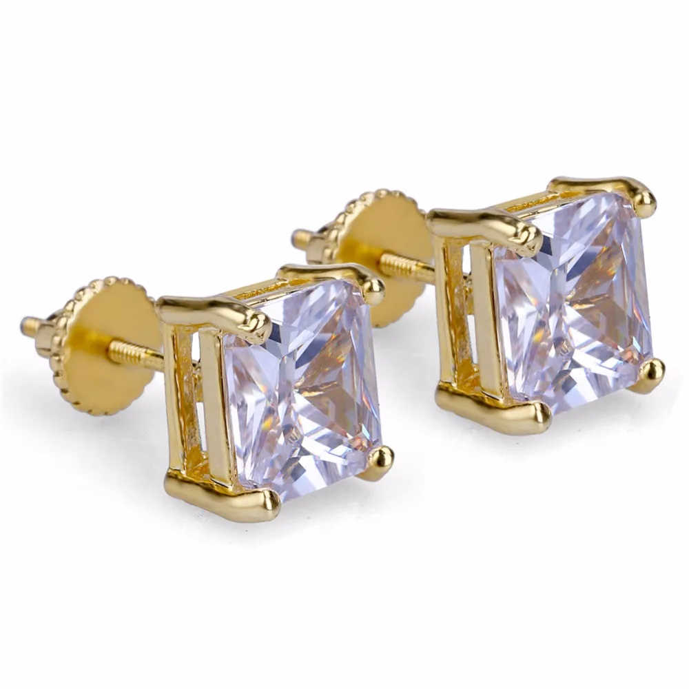 В стиле «хип-хоп» схватка кубического циркония Bling лед из ювелирных изделий серьги стержня мужской медные, золотистого цвета с квадратным мужские серьги рок ювелирные изделия