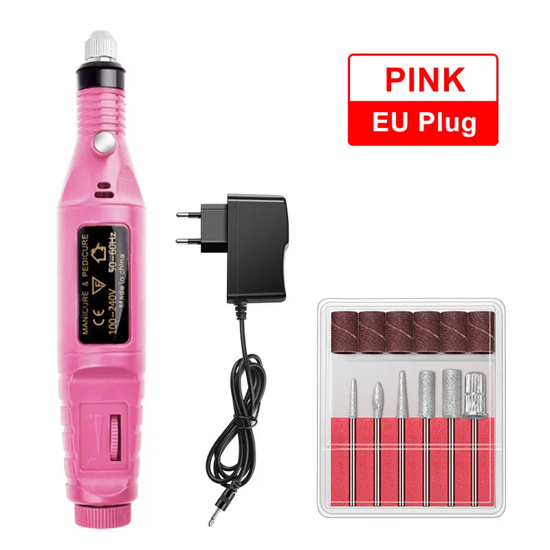pink EU Профессиональный электрический набор для маникюра, маникюрный маникюр с полировкой, электрическая ручка для маникюра, Педикюр с 6 битами, инструменты для маникюра - Цвет: pink EU