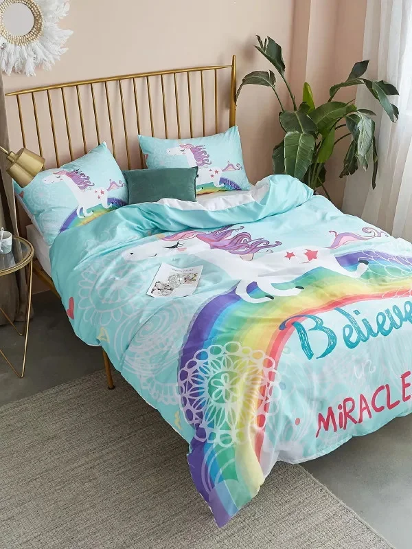 Комплект постельного белья с изображением единорога и розы пододеяльник для