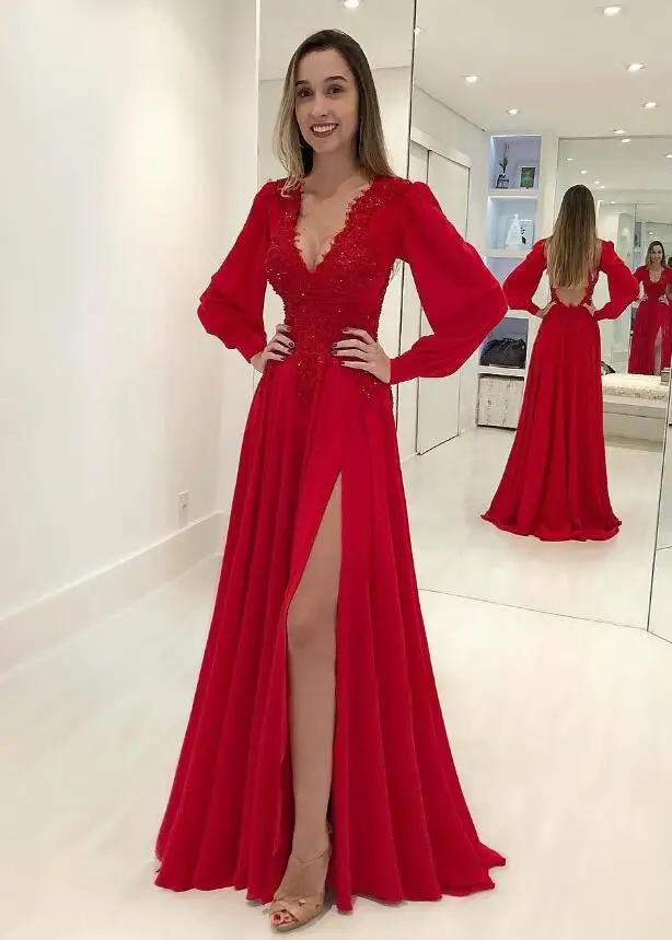 same as picture Элегантное красное платье для выпускного вечера плюс размер длинные рукава с аппликацией бисером сексуальное с открытой спиной, официальное женские вечерние платья вечерние длинные торжественные платья - Цвет: same as picture
