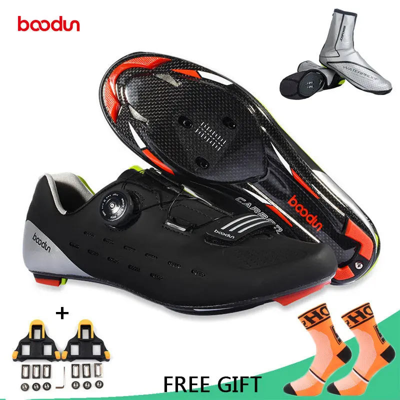 with cleat and cover Boodun, профессиональная велосипедная обувь из углеродного волокна, Мужская обувь для гонок, шоссейного велосипеда, Ультралегкая дышащая обувь, самоблокирующиеся велосипедные кроссовки - Цвет: with cleat and cover