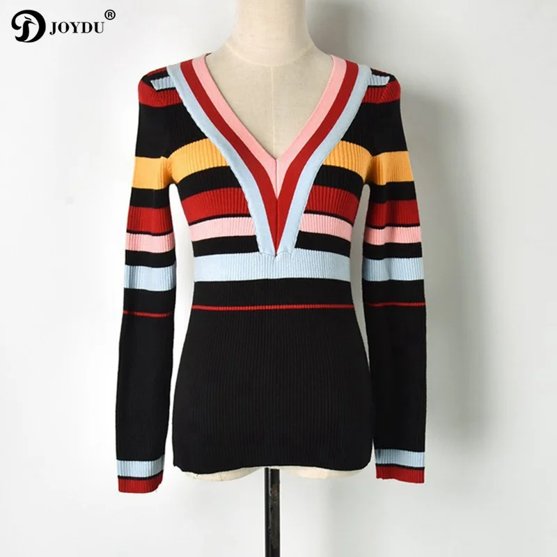 JOYDU Runway Sweet Pullover Women Sweater 2018 Newest Autumn Sexy V-neck Color Stripes Patchwork Casual Slim Knitted Jumper Top | Женская