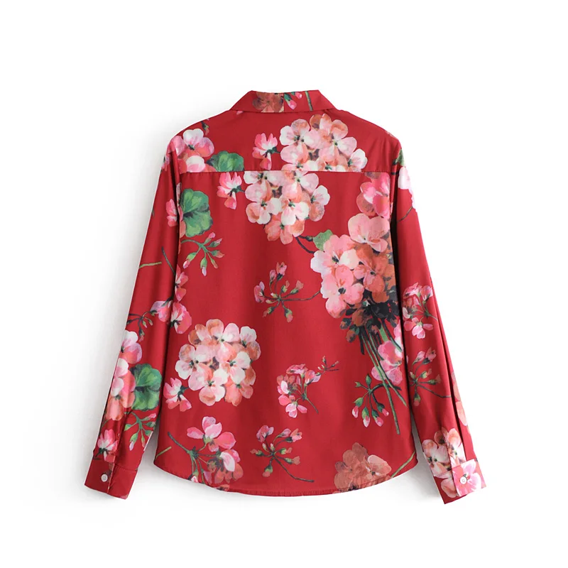Повседневная Блузка Цветочный принт Бабочка LED Дизайн теплый красный с лацканами