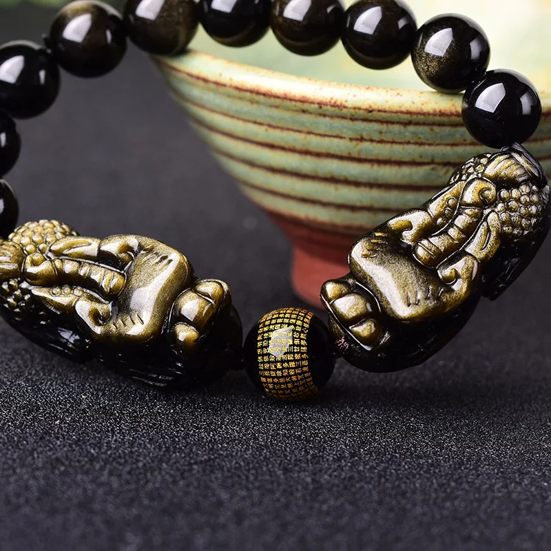 Прямая поставка золотой черный натуральный обсидиан браслеты сердце Sutra