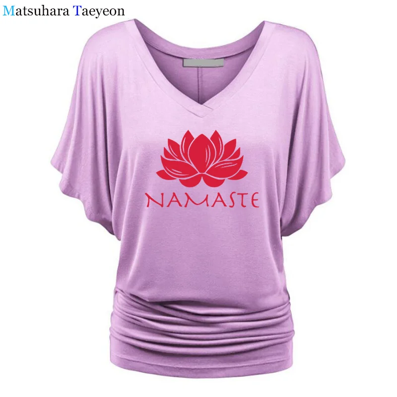 Модная женская одежда, футболка с принтом Namaste, женская футболка с рукавом «летучая мышь», женские топы, одежда, футболка, брендовая одежда для девочек - Цвет: 21