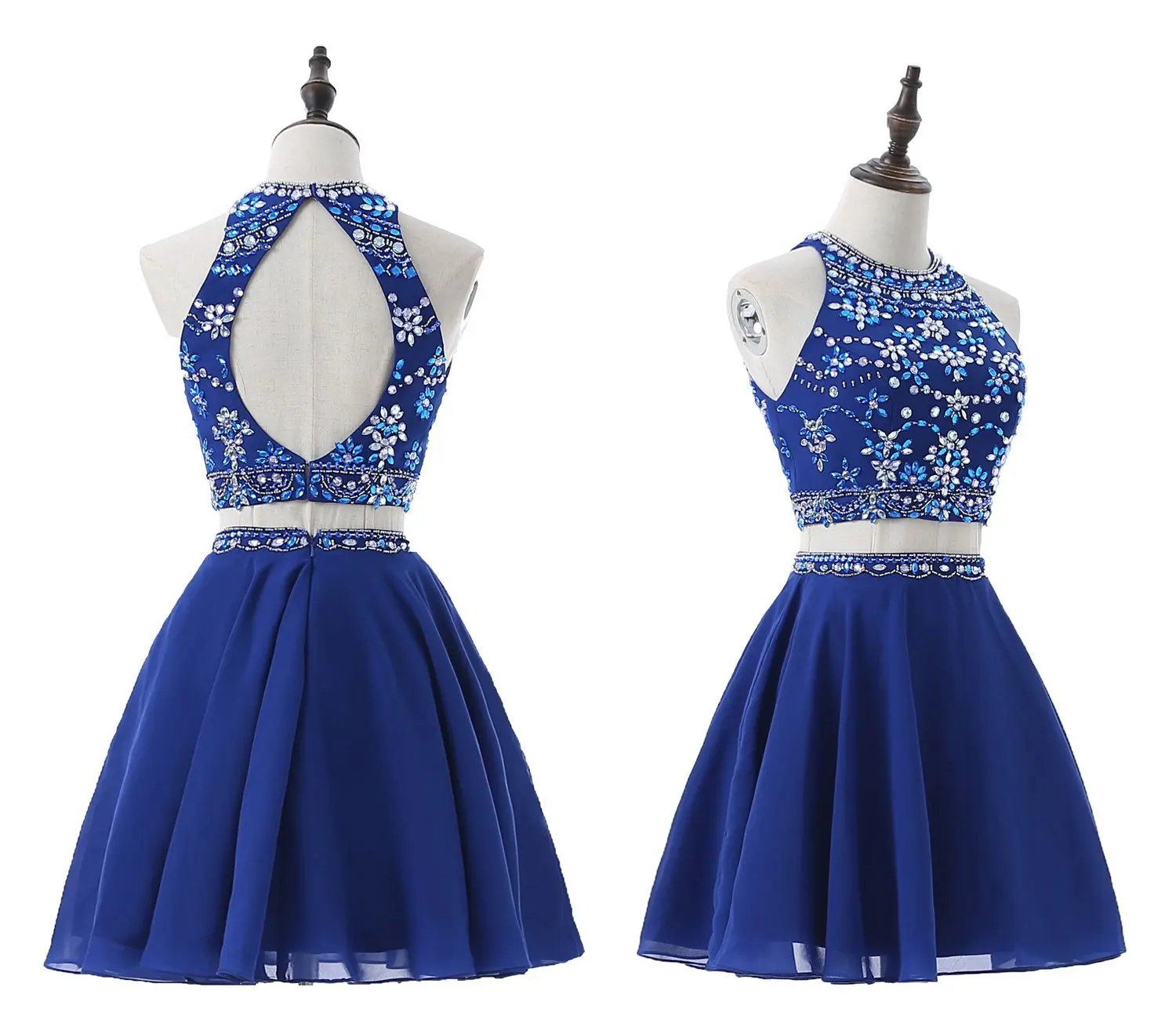 

Blue Satin Backless Homecoming Dresses Halter Sequins Crystal Short Prom Dresses Sparkly Formal Party Dress Ballkleid