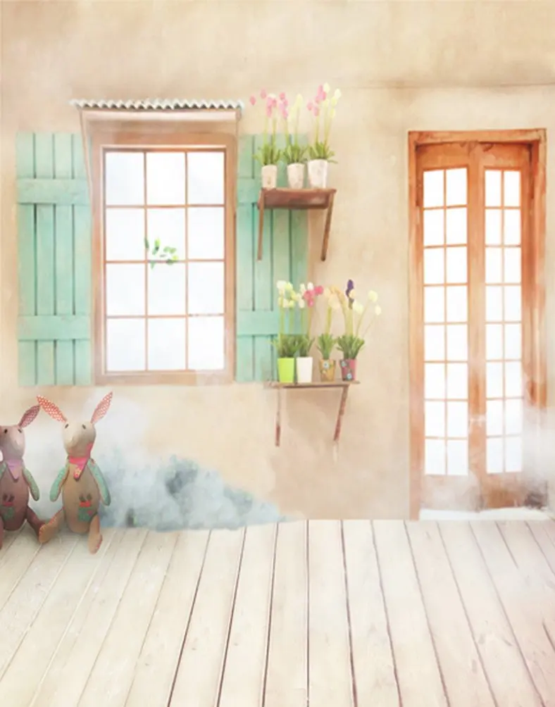 

5x7ft Wooden Floor Cartoon Rabbit Flowers Photography Backdrops Photo Props Studio Background