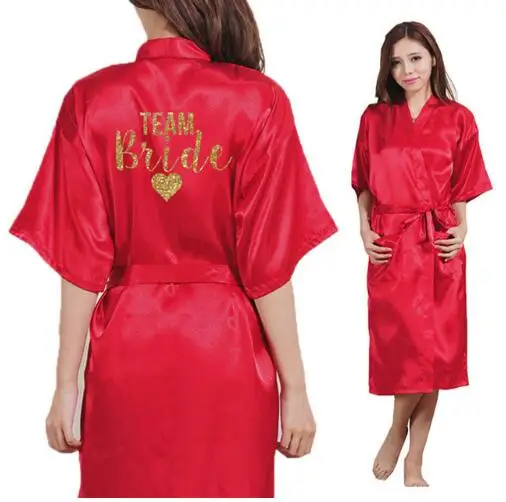 wine red Team Платье-кимоно с золотым блестящим принтом в виде сердца невесты, халат из искусственного шелка, женская свадебная одежда - Цвет: wine red Team