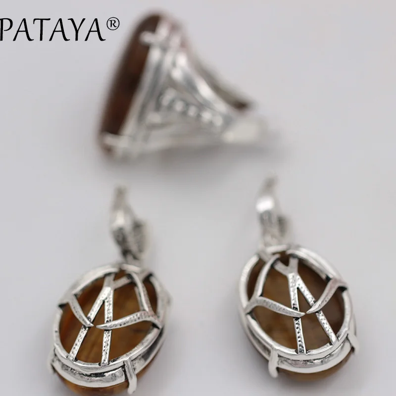 PATAYA, Новое поступление, древнее серебро, протертая Черная задняя часть, полый ювелирный набор, прекрасный натуральный камень тигра, большие серьги, набор колец, свадебный набор