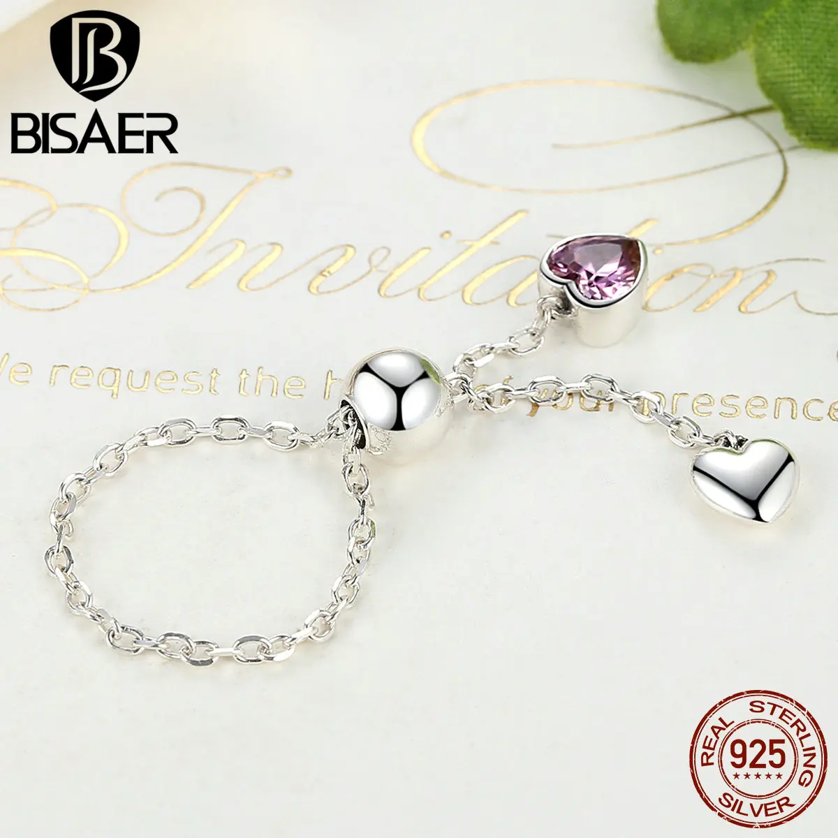 BISAER Настоящее серебро 925 пробы, розовое сердце, прозрачное CZ Кольцо на палец для женщин, Европейское ювелирное изделие из стерлингового серебра ECR015