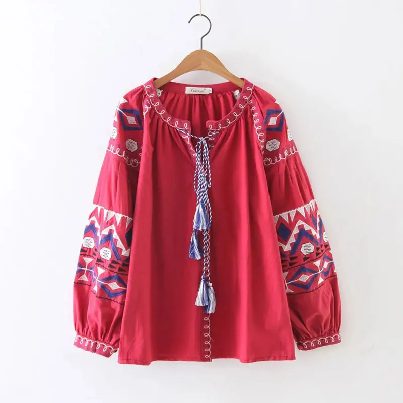 Винтажная блузка в стиле фолк богемный этническом из хлопка и льна с рукавами