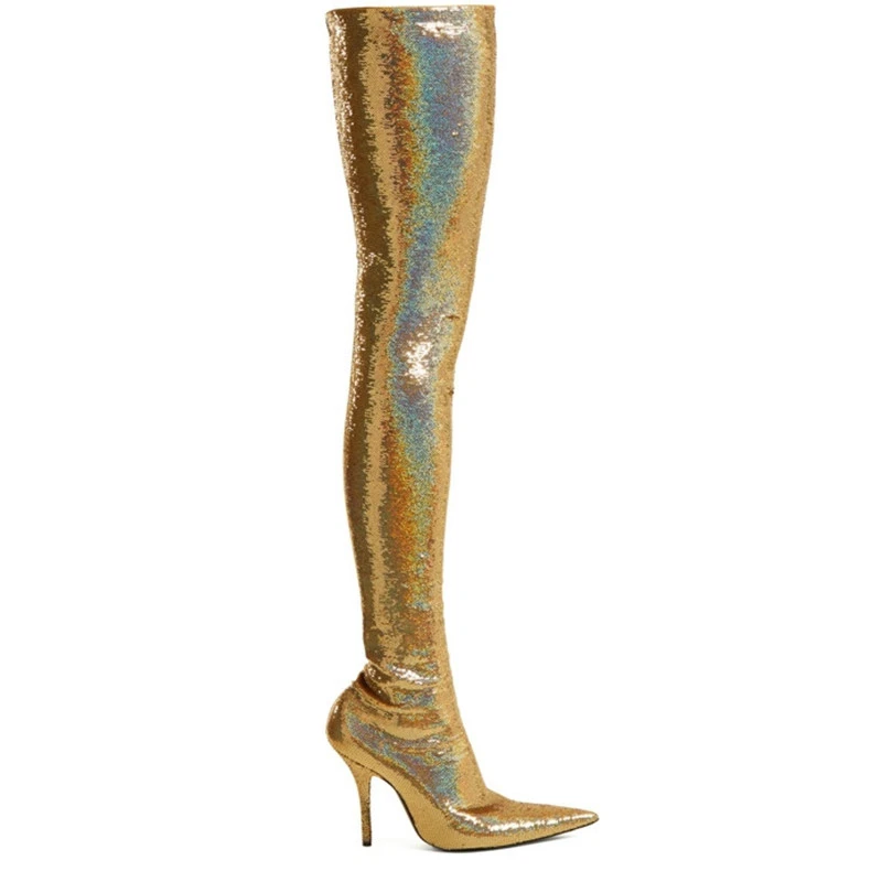 

2018 Runway New Style Pointed Toe Stretch Fabric Over the Knee Boots Gold Silver Glitter Embellished High Heel Thigh High Boots