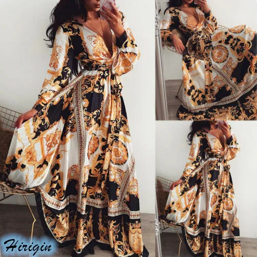 Женское длинное платье с принтом Повседневное длинным рукавом V образным вырезом