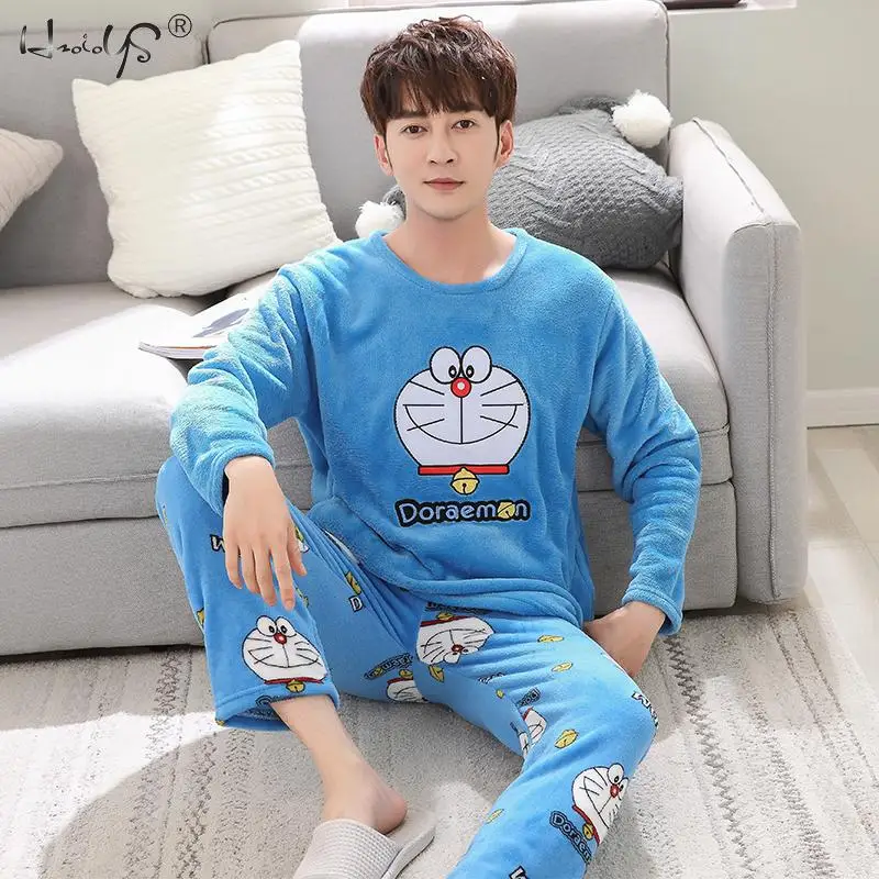 Men Blue Фланелевая зимняя женская теплая Пижама с рисунком кота из мультфильма с длинными рукавами и длинными штанами, плюс толстый домашний костюм с круглым вырезом, пижамные комплекты - Цвет: Men Blue