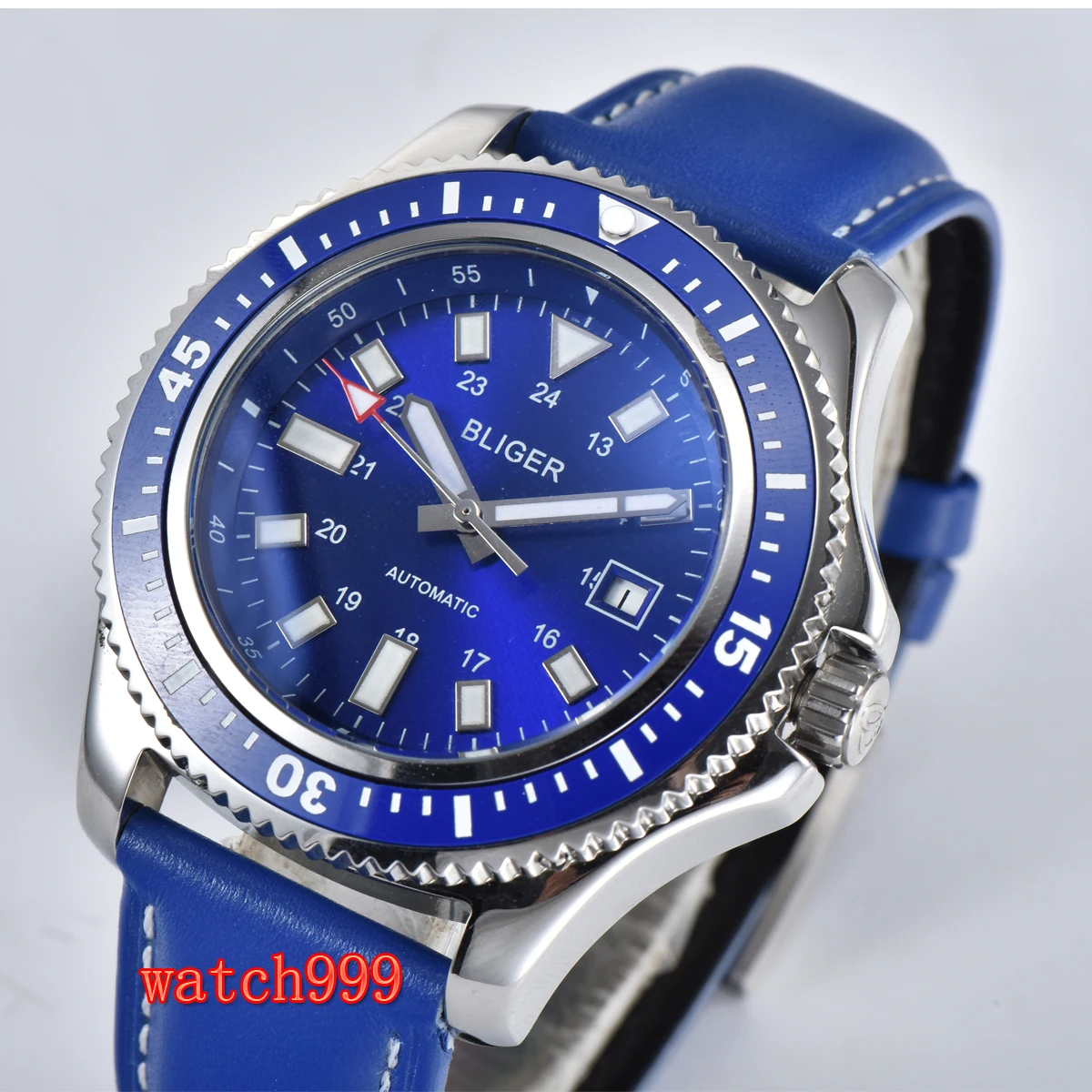 Мужские часы с керамическим ободком Bliger 44 мм светящиеся стальные автоматические