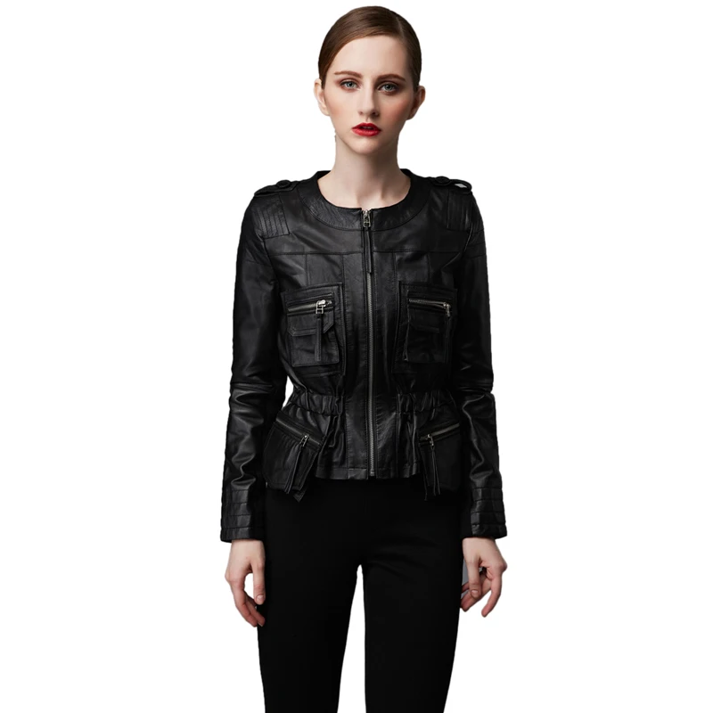 Женская кожаная куртка MAPLESTEED черная/красная облегающая из овчины на весну и