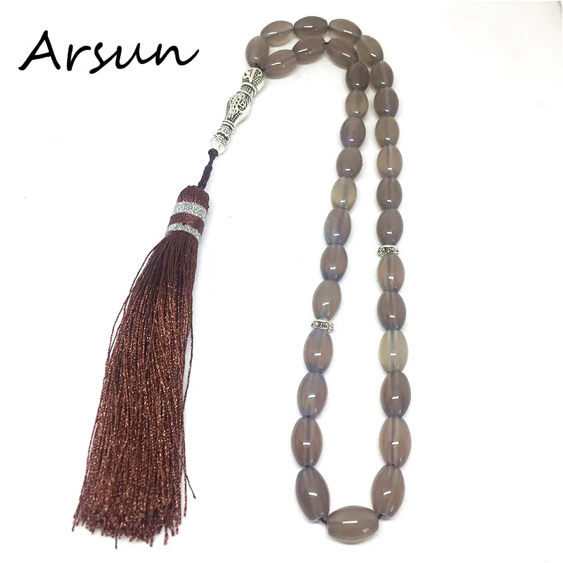 

Gray Agate Islamic 33 Rosary with Tassel muslim tasbih gift Allah misbaha sibha tesbih tespeeh Free Shipping