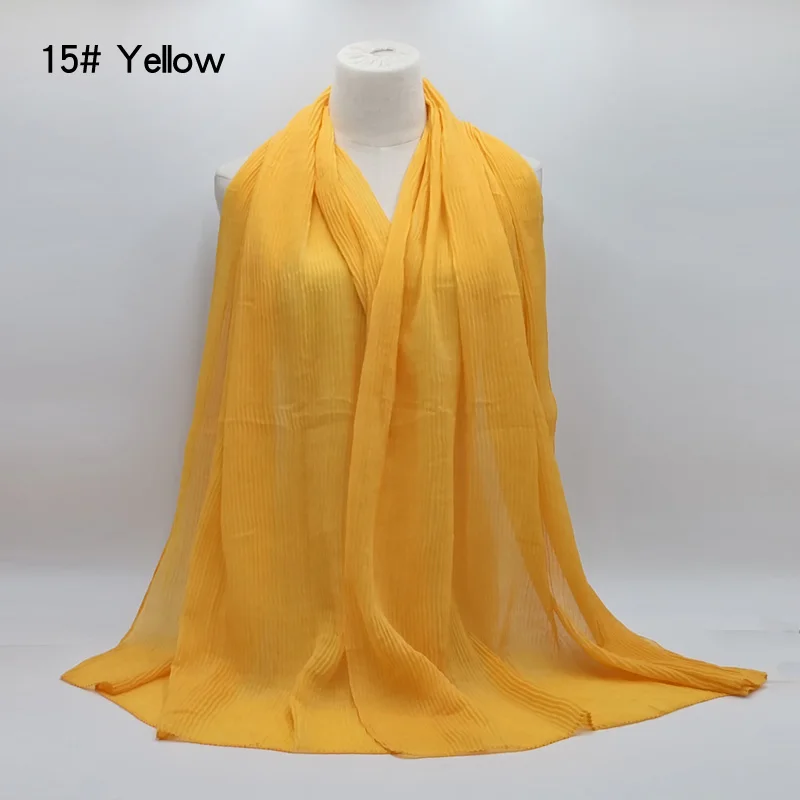 15 yellow Женский хлопковый шарф, плиссированный, обжим, хиджаб, шаль, большой длинный шарф, мусульманский платок, тюрбан для обертывания, 180x90 см, 20 цветов - Цвет: 15 yellow