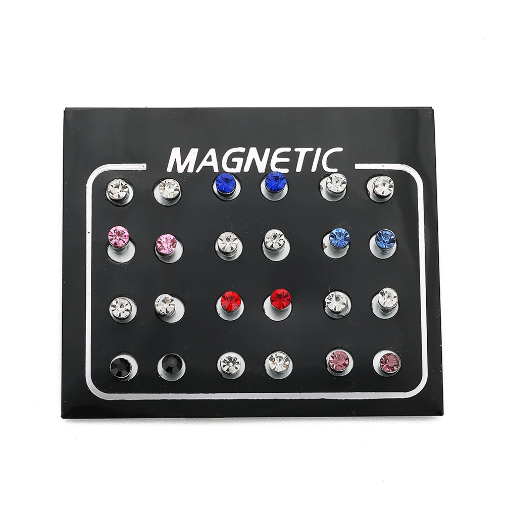

12 Pairs/set 3mm 4mm Round Clear Crystal Rhinestone Magnet Stud Earring Women Mens Magnetic Fake Ear Plug Earring Body Jewelry