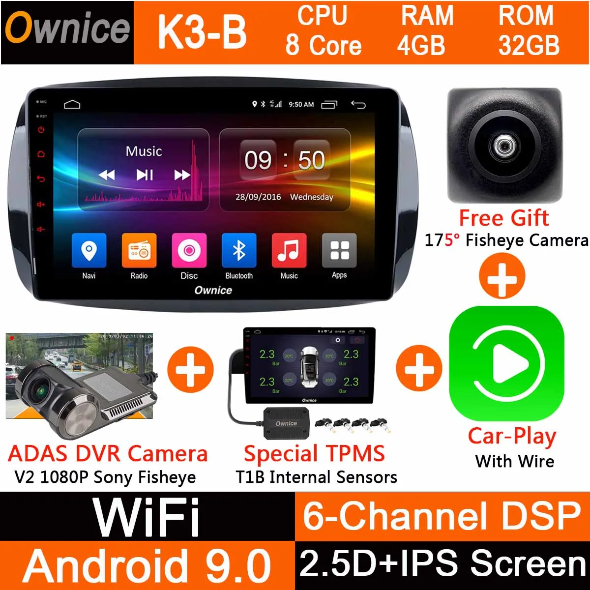 K3B-CarPlay-TPMS-DVR " ips Android 9,0 4 Гб ram+ 32 Гб rom 8 ядерный автомобильный радиоплеер для Mercedes Benz Smart Fortwo Forfour ADAS DSP CarPlay - Цвет: K3B-CarPlay-TPMS-DVR