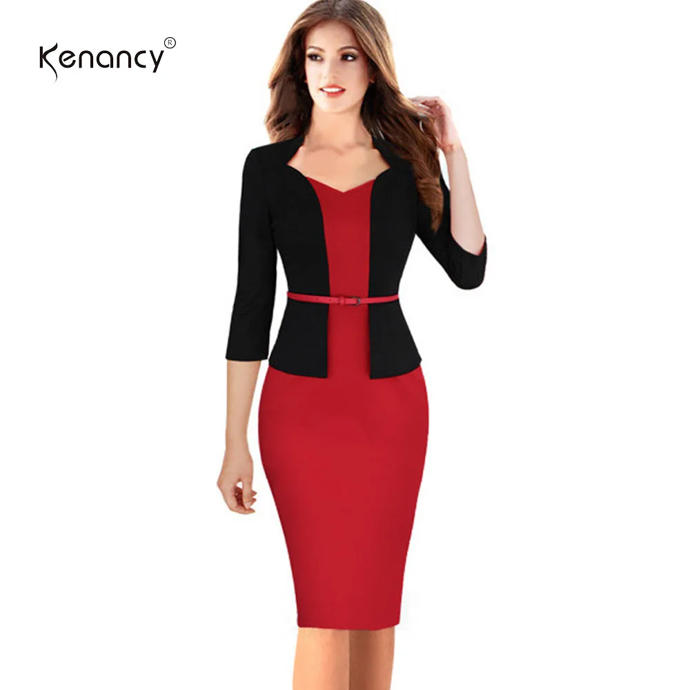 Red Kenancy, 2 цвета, с поясом, цветной блок, пэтчворк, платье-карандаш для женщин, рукав 3/4, v-образный вырез, длина до колен, с разрезом сзади, облегающее платье - Цвет: Red