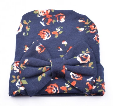 navy blue rose hat Шапка для новорожденного ребенка с цветочным узором и бантом; детская шапка для маленьких девочек; осенние шапки для больниц; мягкая хлопковая вязаная шапка для новорожденных; реквизит для фотосессии - Цвет: navy blue rose hat