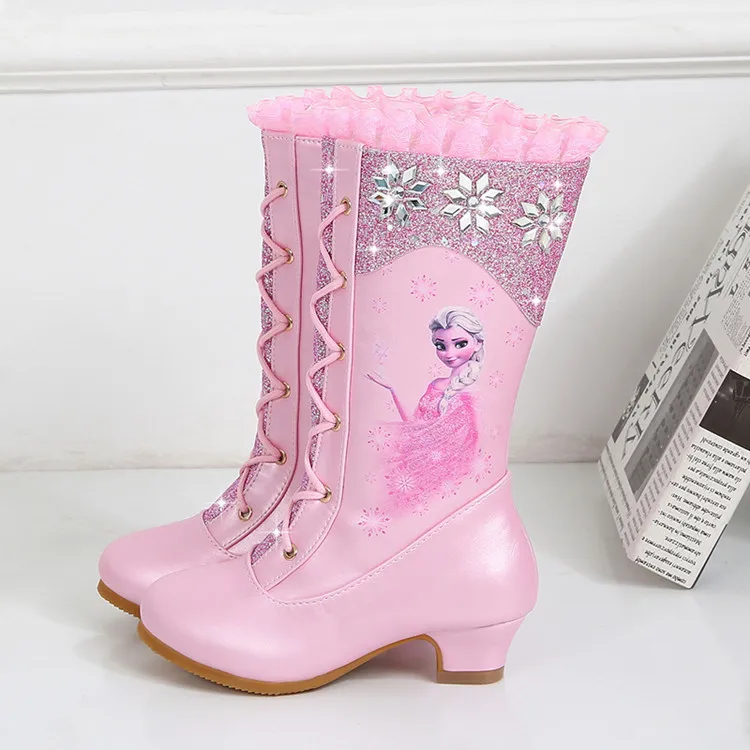 pink boot girl Новые ботинки; ботинки Эльзы и Анны; детская кожаная Модная высокая обувь для девочек; детские зимние ботинки; Рождественский подарок; вечерние ботинки до середины икры - Цвет: pink boot girl