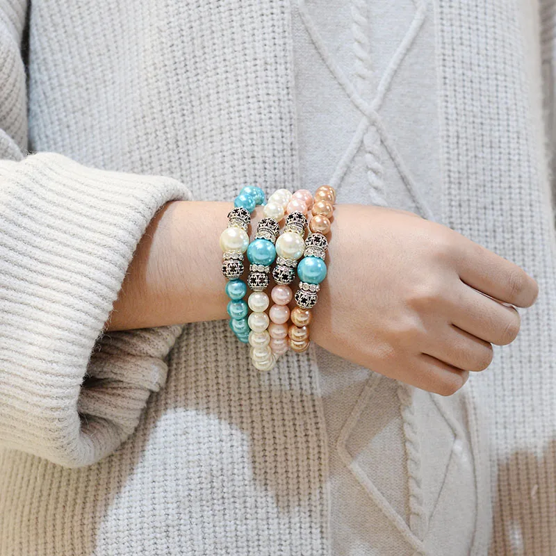 Женский браслет с искусственным жемчугом и фианитом 8 мм|Браслеты шармами| |