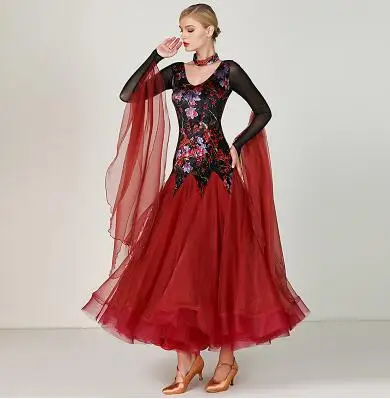 Rose Red Стандартные Бальные платья для женщин стиль с длинным рукавом лайкра Вальс Конкурс танцевальная юбка для взрослых красное бальное платье для танцев - Color: Rose Red