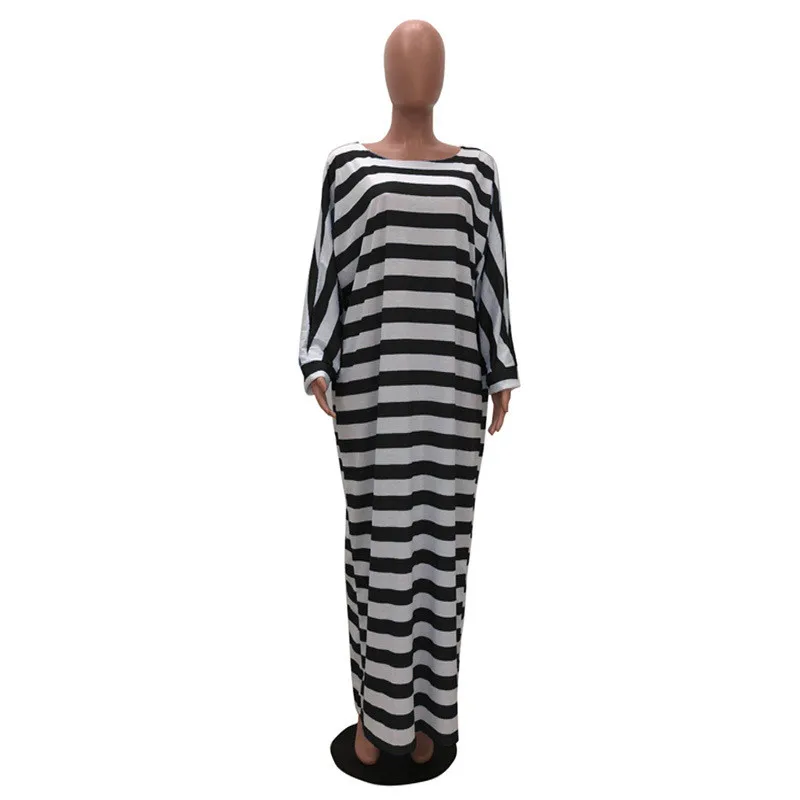 Adogirl Stripe Print Oversize Dress O Neck Batwing Long Sleeve Loose Casual Maxi Women Autumn Outfits Streetwear Vestidos | Женская
