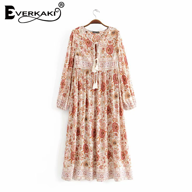 Everkaki Gypsy длинное женское платье с кисточками в стиле бохо длинным рукавом круглым