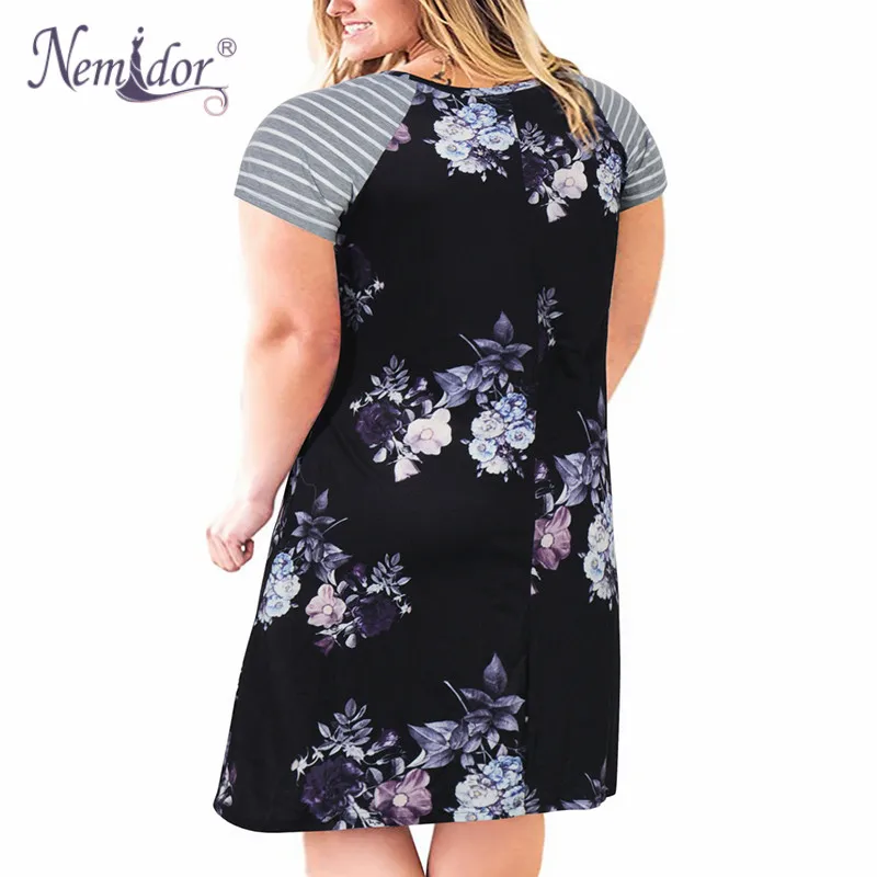 Женское платье футболка с круглым вырезом цветочным принтом и карманами|plus size