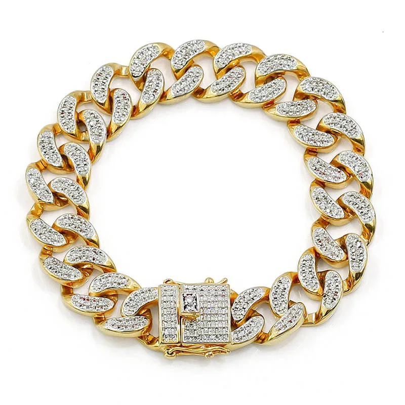 

Fashion Gold Silver Color Plated Micro Pave Cubic Zircon Bracelet All Iced Out 7"8" Length Cuban Chain HipHop Jewelry For Male