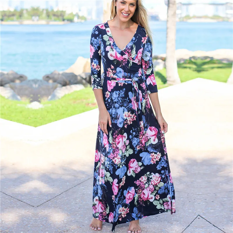 Женское длинное платье с цветочным принтом Пляжное Платье туника макси вечернее