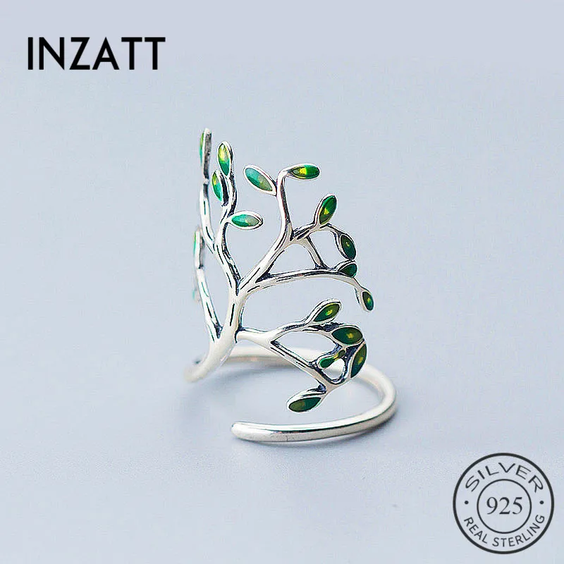

INZATT Real 925 Sterling Silver Elegant Green Leaf Branch Enamel Adjustable Ring For Women Party Cute Fashion Jewelry Gift