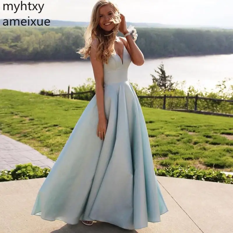 

Plus Size Straps Vestidos De Graduacion Simple Sky Blue V-neck Satin Vestido Formatura Long Evening Party Formal Prom Dresses