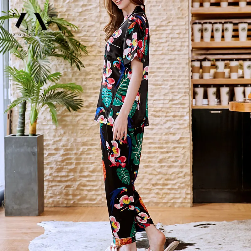 Шелковые пижамы комплект для женщин цветок Пижамный костюм домашняя одежда