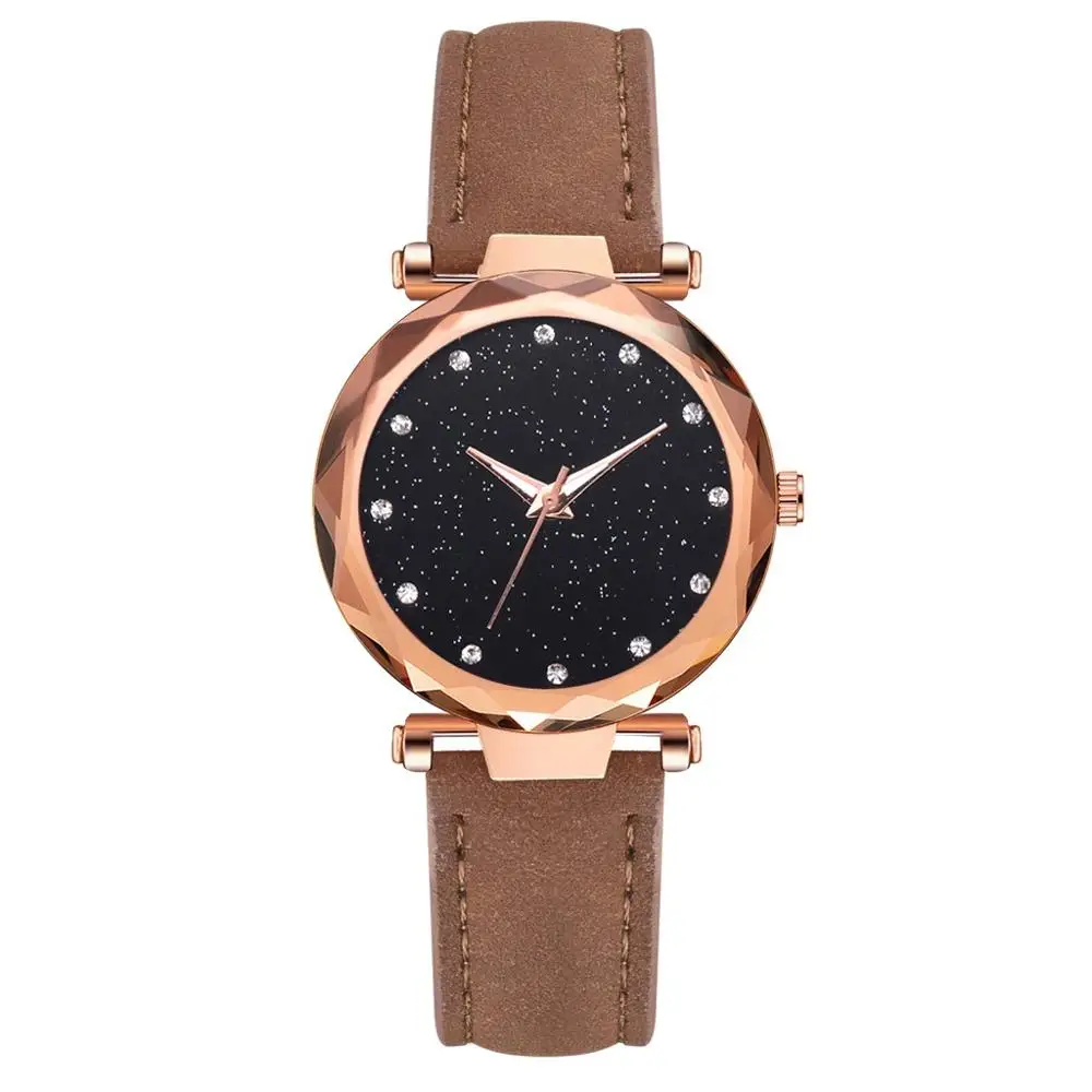 Коричневый Топ часы женские модные часы ремешок для часов PU браслет Femme Montre звездное небо платье стразы женские Zegarek Damski - Цвет: Коричневый