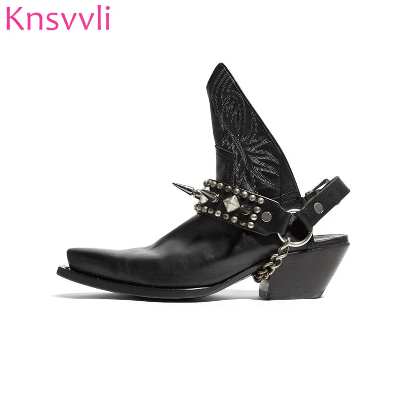 New Embroidery Western Cowboy Boots Woman Rivets Slingback Black Leather Metal Chain Chunky High Heels Motorcycle Shoes Women | Обувь