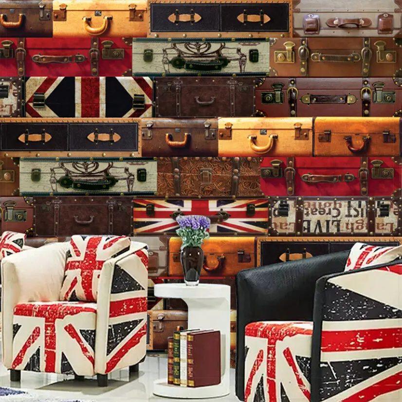 A large mural wall paper bar KTV deck boxes Europe and England Coffee dessert shop Vintage suitcase | Обустройство дома