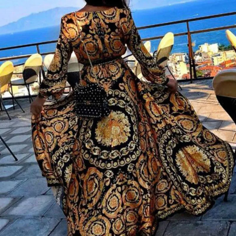 

2018 New Style Fashion Elegant Women Sexy Boat Neck Glitter Deep V Neck Print Dress Party Formal Long Dress