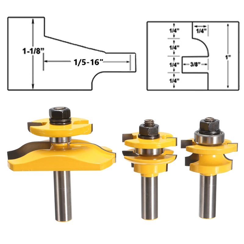 Best Promotion 3pcs Router Bits Round Over Rail Plate Cutter Stile Cove Panel Raiser Material alloy 1/2 inch