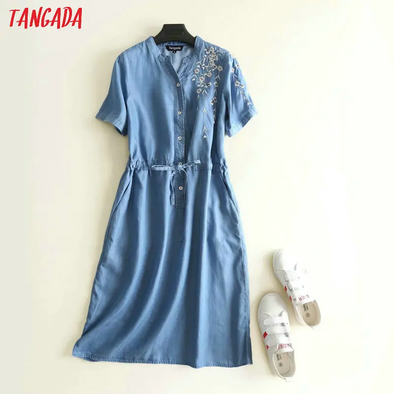 Tangada модное женское джинсовое платье с вышивкой, жемчужное платье с круглым вырезом и коротким рукавом, женское синее платье-рубашка с поясом, vestidos 2P09