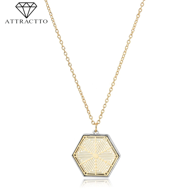

ATTRACTTO Long Gold Color Hexagonal Necklaces&Pendants For Women Chain Necklace Charm Crystal Jewelry Necklace Female SNE190005