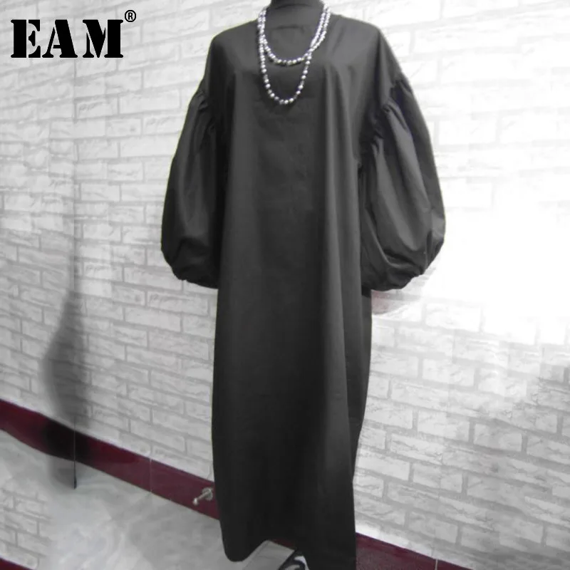 [EAM] New Spring Summer O Collar Lenter Sleeve Loose Vintage Mid-calf Pullover Long Dress Women Fashion Tide OB180
